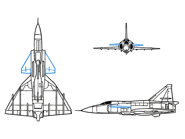  Disposition Saab Viggen avec des canards de couleur bleue. 